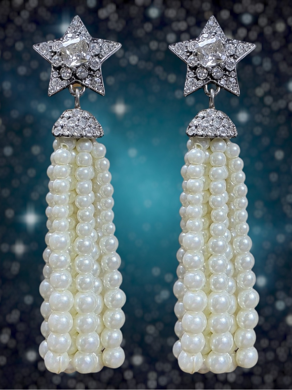 Chloe + Isabel Earrings Silver White Star Pearl Drop Tassel Celestial Retro Glam